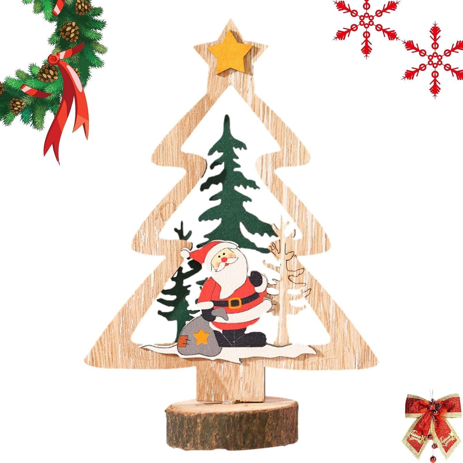 Decoratiune de Craciun, Flippy, din Lemn, 13.5 x 20 cm, Model Brad cu Stea Galbena, Multicolor