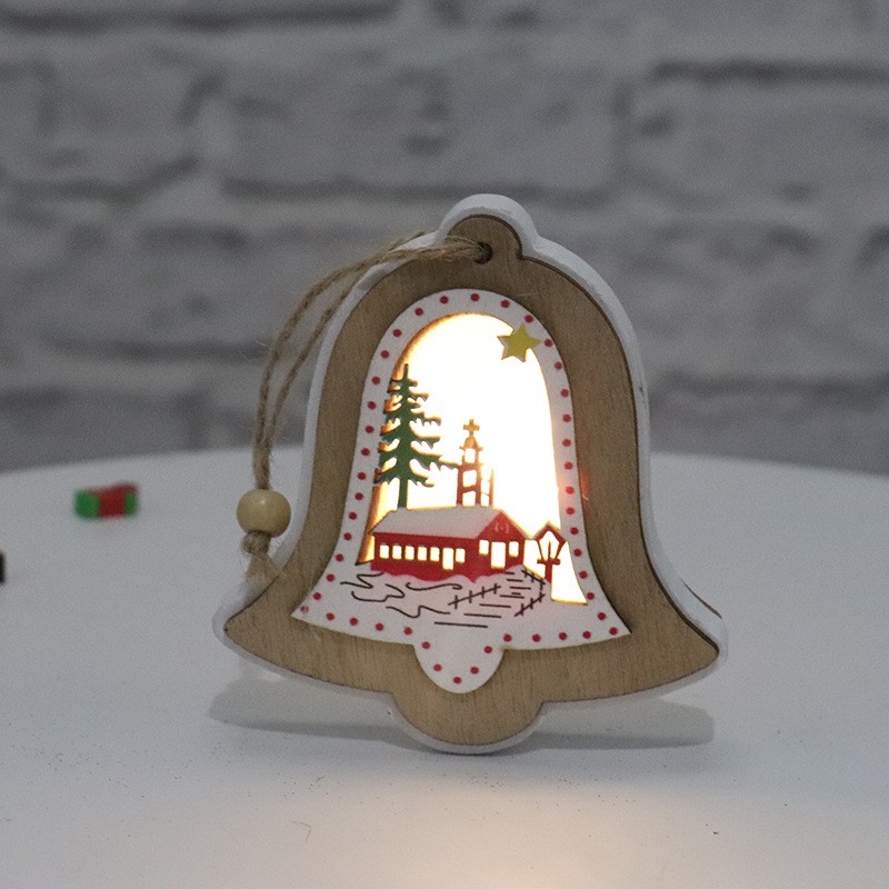 Ornament de Brad, Flippy, cu Lumini LED, din Lemn, Model Clopot, Multicolor