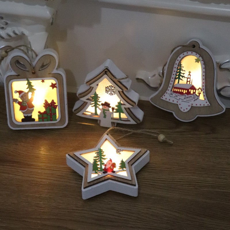 Ornament de Brad, Flippy, cu Lumini LED, din Lemn, Model Clopot, Multicolor