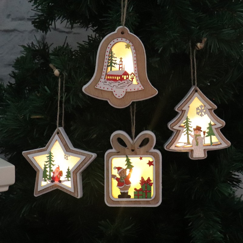 Ornament de Brad, Flippy, cu Lumini LED, din Lemn, Model Clopot, Multicolor