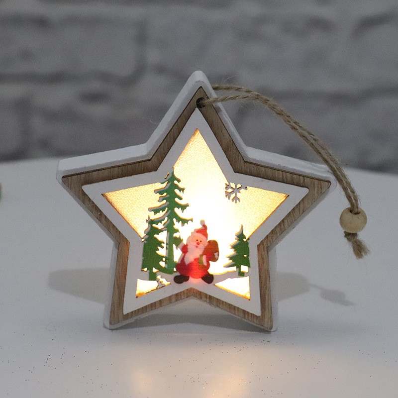 Ornament de Brad, Flippy, cu Lumini LED, din Lemn, Model Stea, Multicolor
