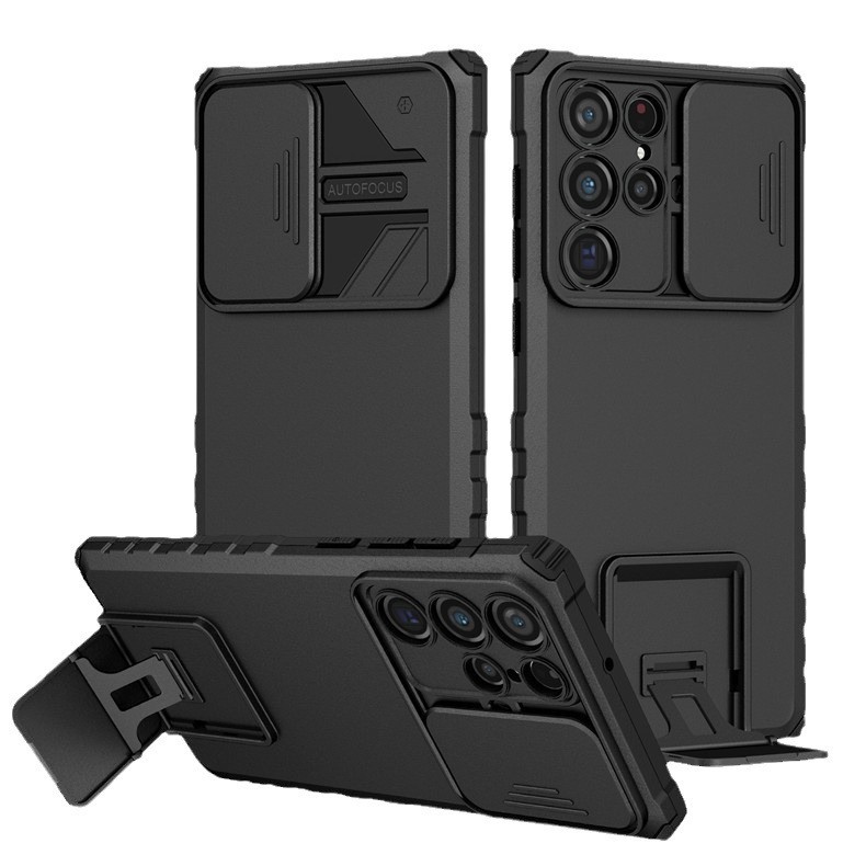 Husa Defender cu Stand pentru Samsung Galaxy S24 FE, Flippy, Suport reglabil, Antisoc, Protectie glisanta pentru camera, Negru