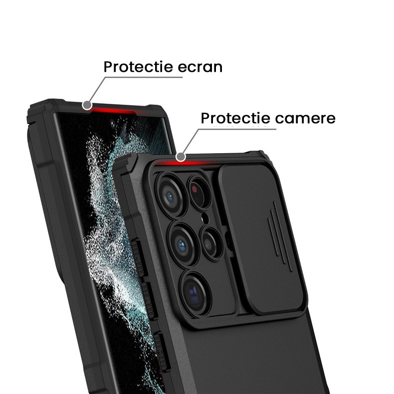 Husa Defender cu Stand pentru Samsung Galaxy S24 FE, Flippy, Suport reglabil, Antisoc, Protectie glisanta pentru camera, Negru