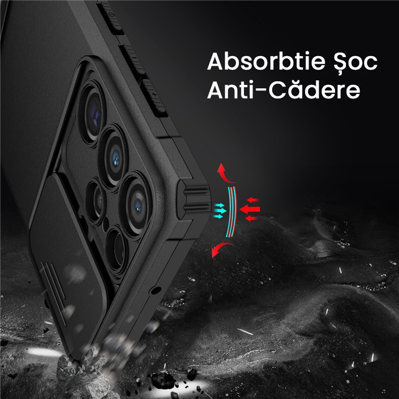 Husa Defender cu Stand pentru Samsung Galaxy S24 FE, Flippy, Suport reglabil, Antisoc, Protectie glisanta pentru camera, Negru