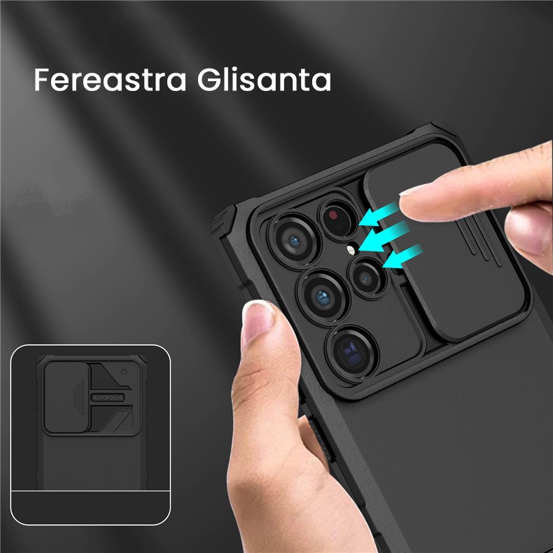 Husa Defender cu Stand pentru Samsung Galaxy S24 FE, Flippy, Suport reglabil, Antisoc, Protectie glisanta pentru camera, Negru