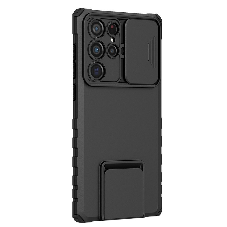 Husa Defender cu Stand pentru Samsung Galaxy S24 FE, Flippy, Suport reglabil, Antisoc, Protectie glisanta pentru camera, Negru