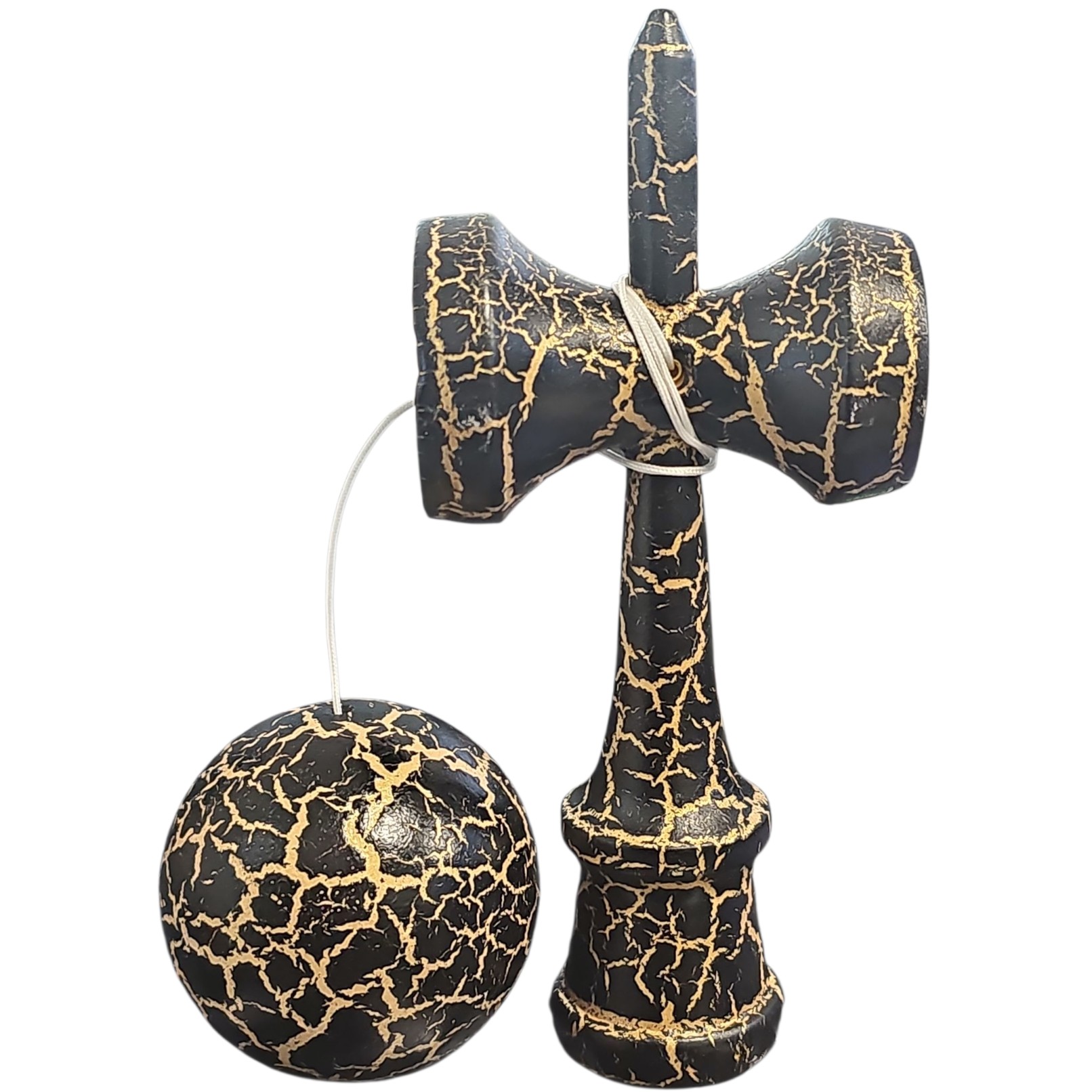 Kendama X Originala, Profesionala, Flippy, Cracked, din Lemn, 18 cm, Negru/Auriu