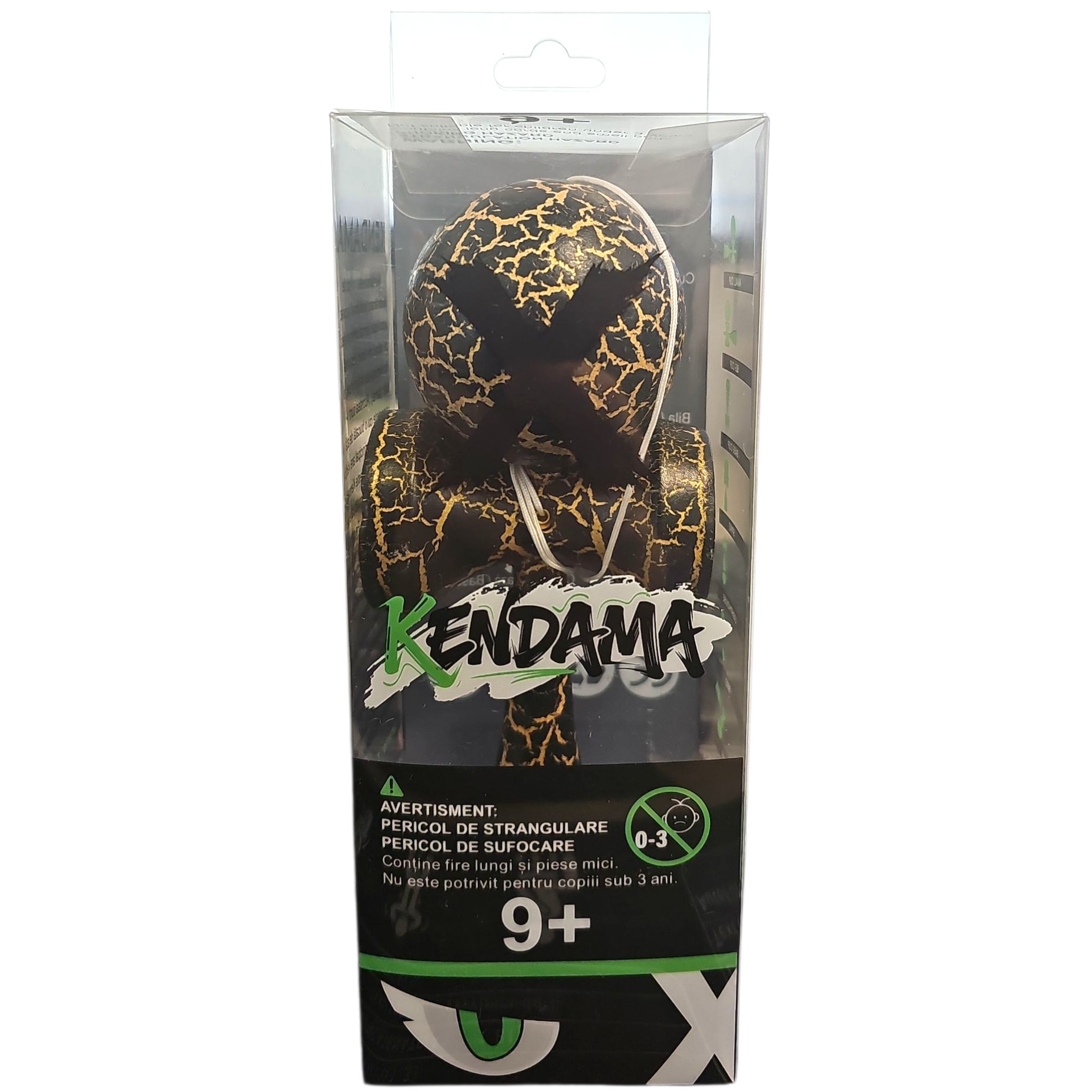 Kendama X Originala, Profesionala, Flippy, Cracked, din Lemn, 18 cm, Negru/Auriu