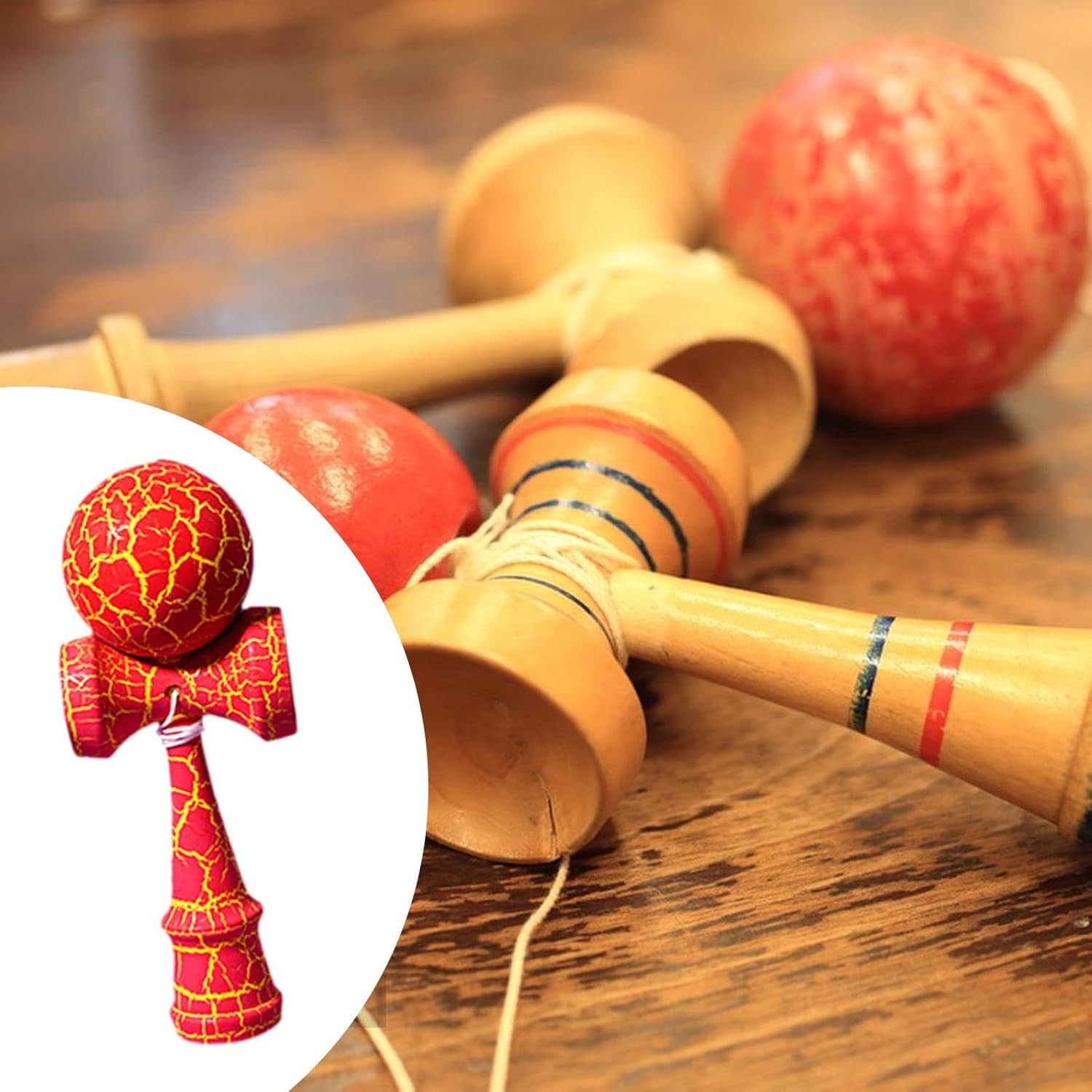 Kendama Crack, Flippy, din Lemn, 18 cm, +14 Ani, Diametru Bila 6 cm, Model Crapat, Rosu