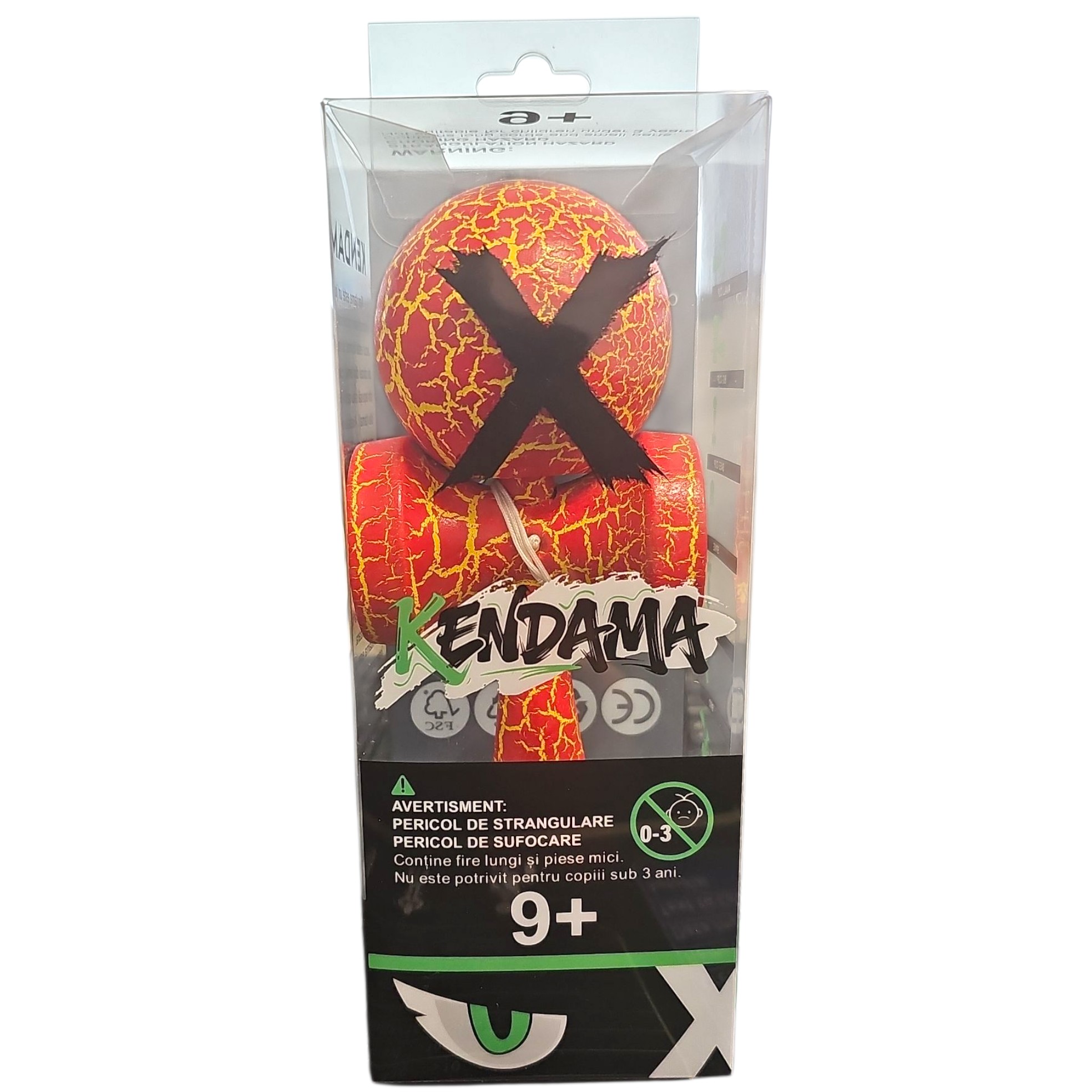 Kendama X Originala, Profesionala, Flippy, Cracked, din Lemn, 18 cm, Rosu/Galben