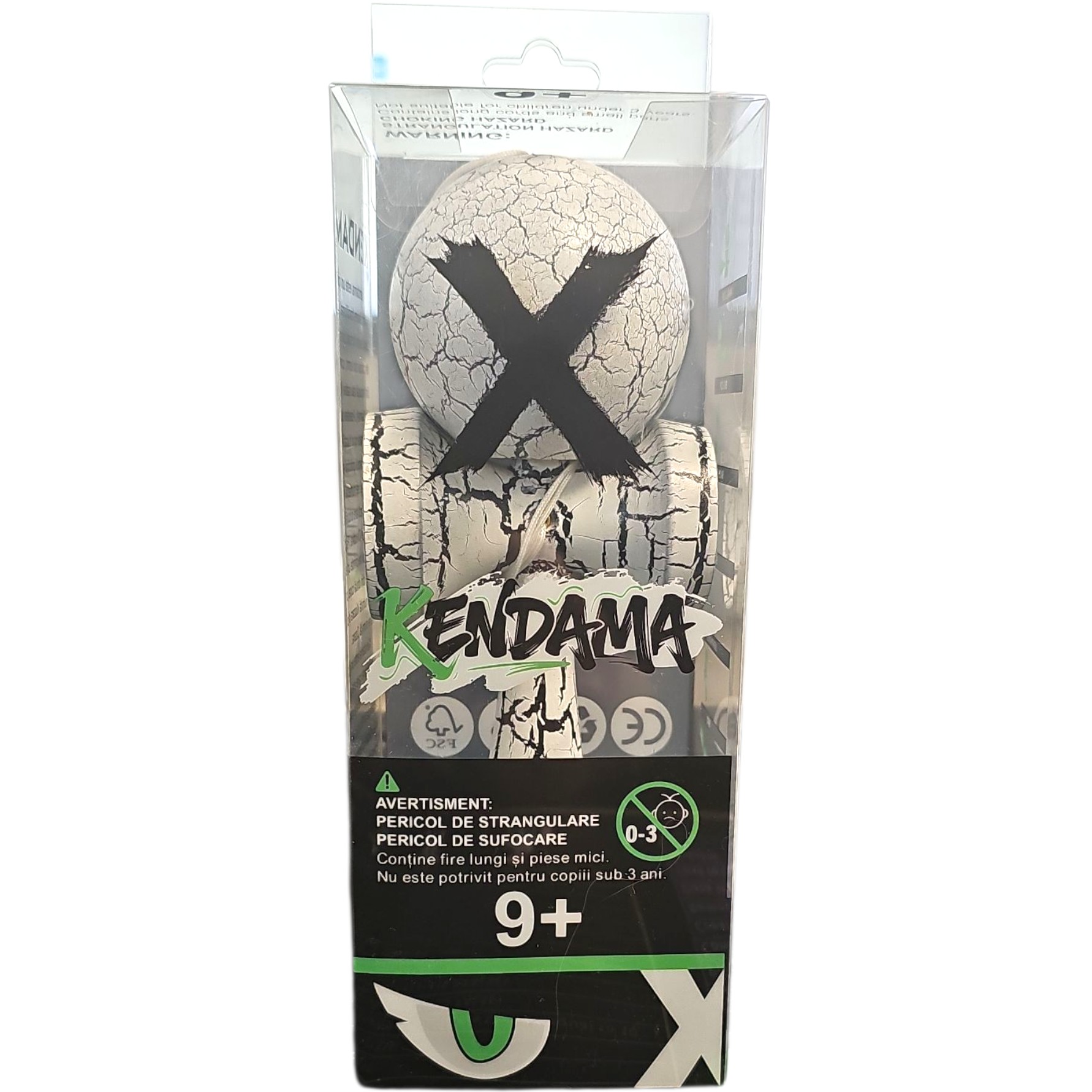Kendama X Originala, Profesionala, Flippy, Cracked, din Lemn, 18 cm, Alb/Negru