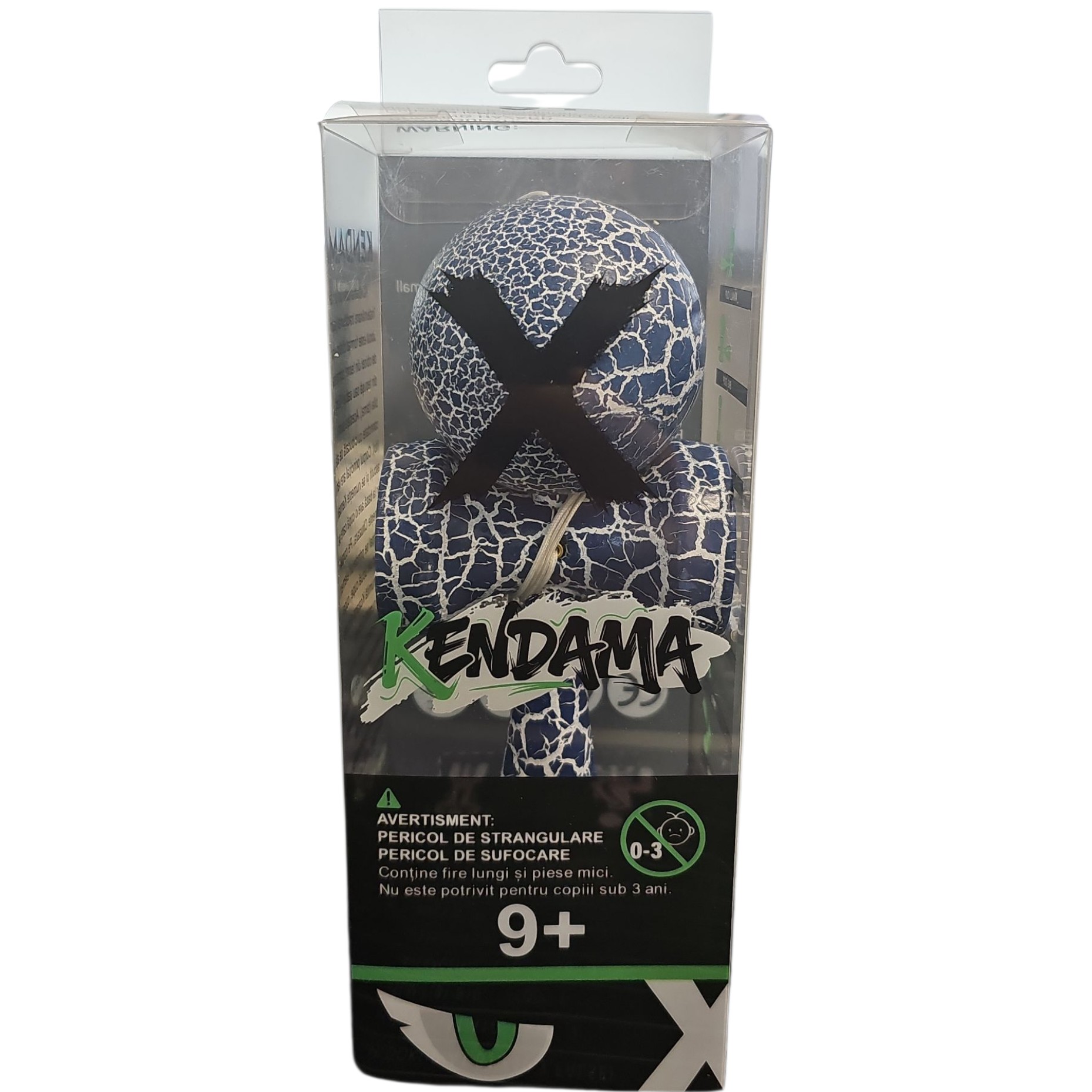 Kendama X Originala, Profesionala, Flippy, Cracked, din Lemn, 18 cm, Albastru/Alb