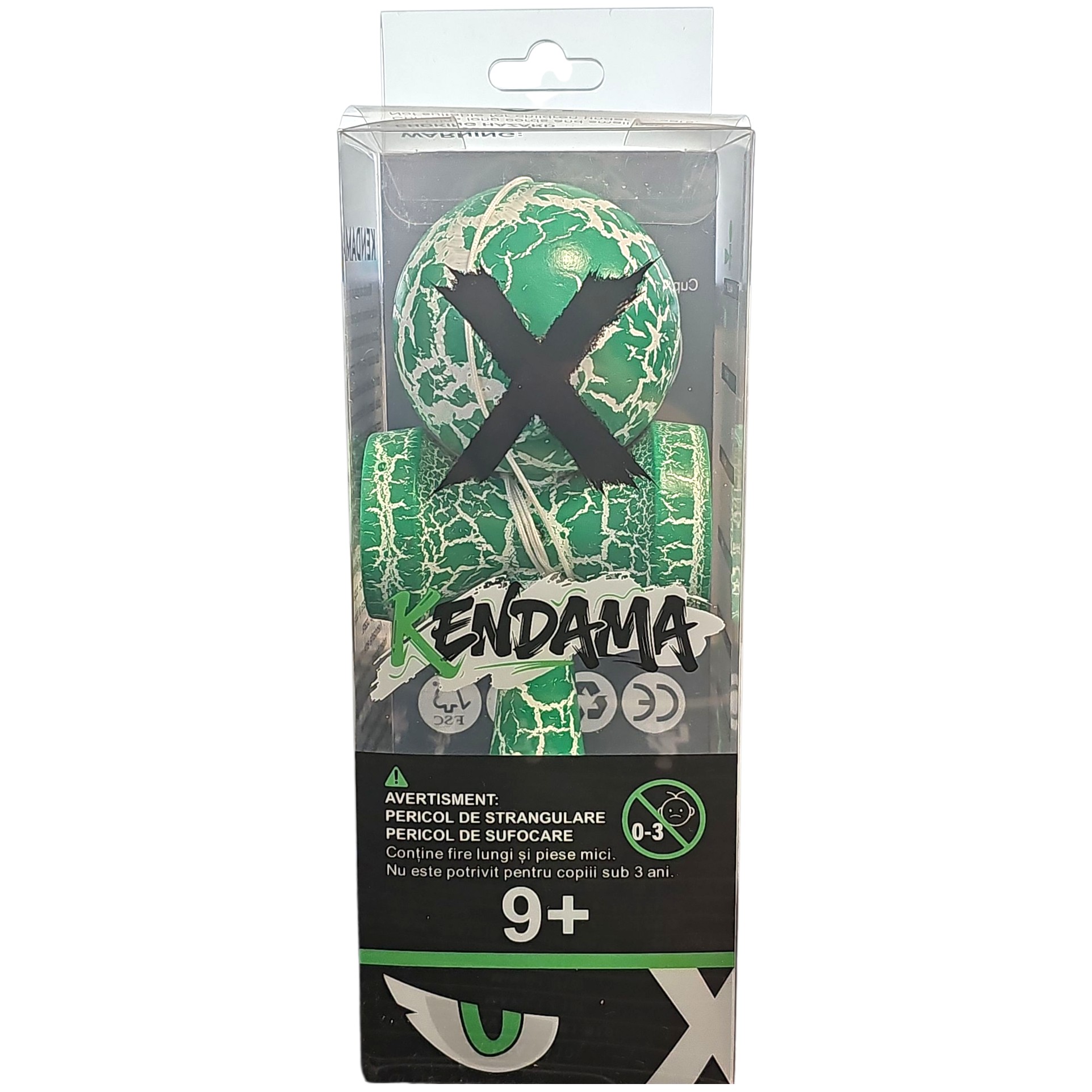 Kendama X Originala, Profesionala, Flippy, Cracked, din Lemn, 18 cm, Verde/Alb