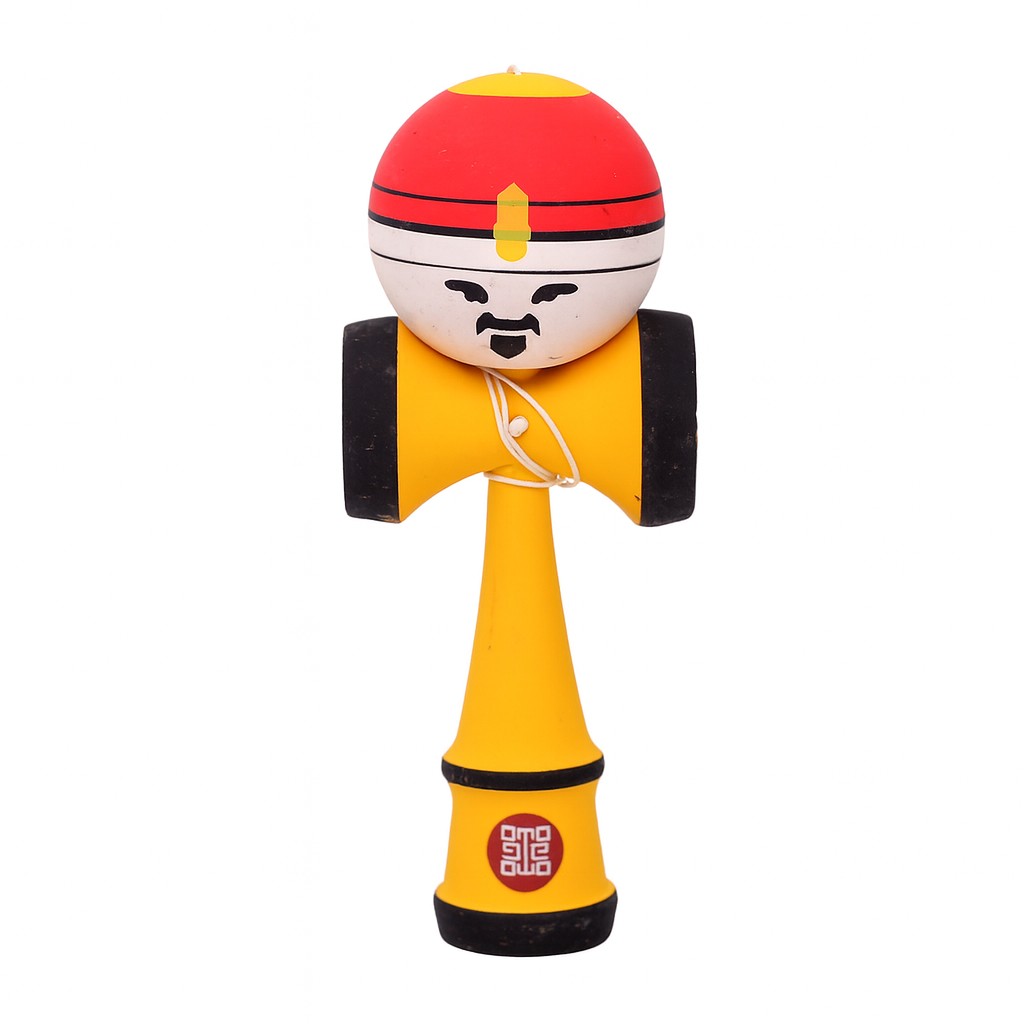 Jucarie Interactiva Kendama Rege, Flippy, din Lemn, 18 cm, Joc de Indemanare pentru Copii si Adulti, Model Bicolor cu Maner Galben, Rosu Alb
