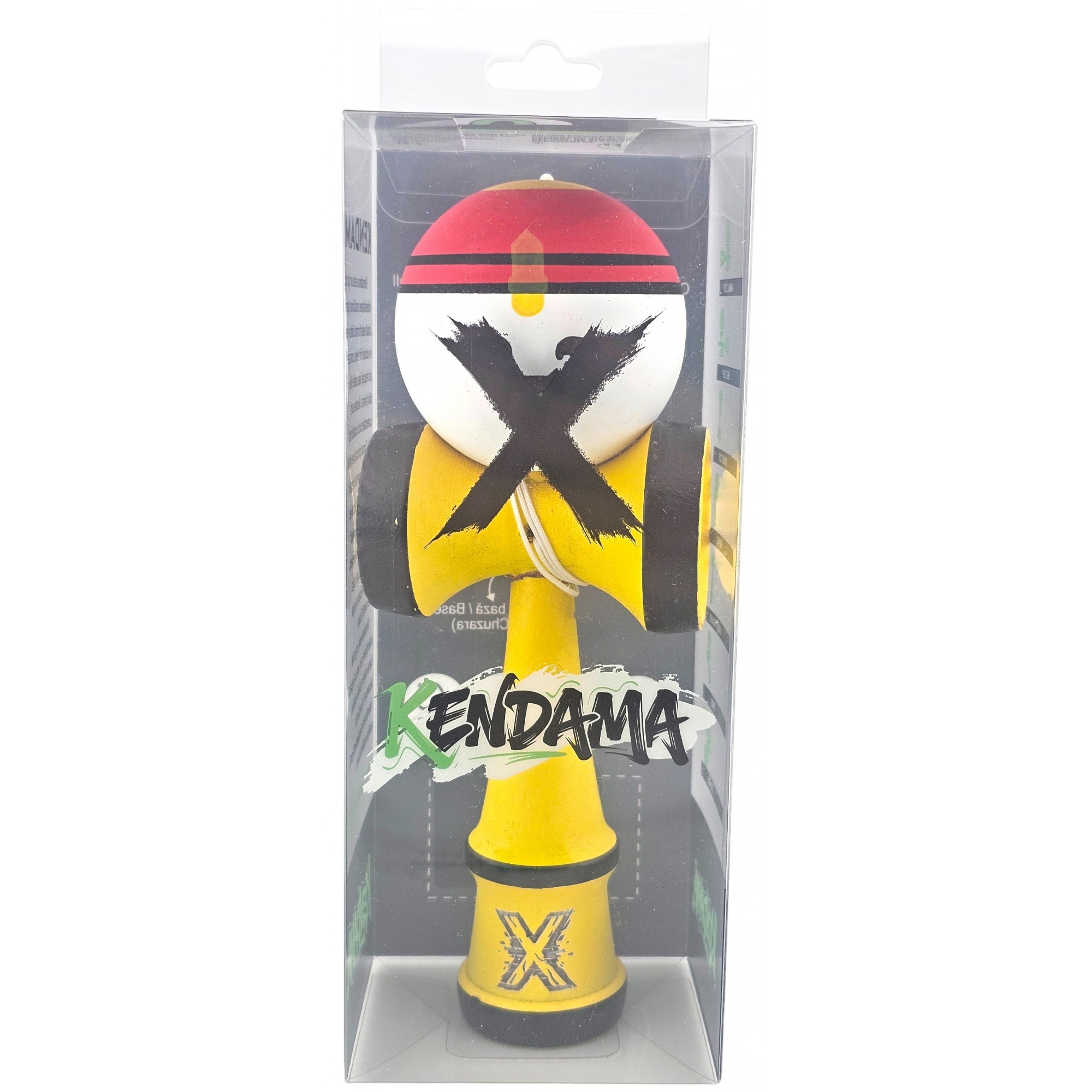 Kendama X Originala, Profesionala, Model Rege, Flippy, din Lemn, 18 cm, Model Bicolor cu Maner Galben, Rosu Alb