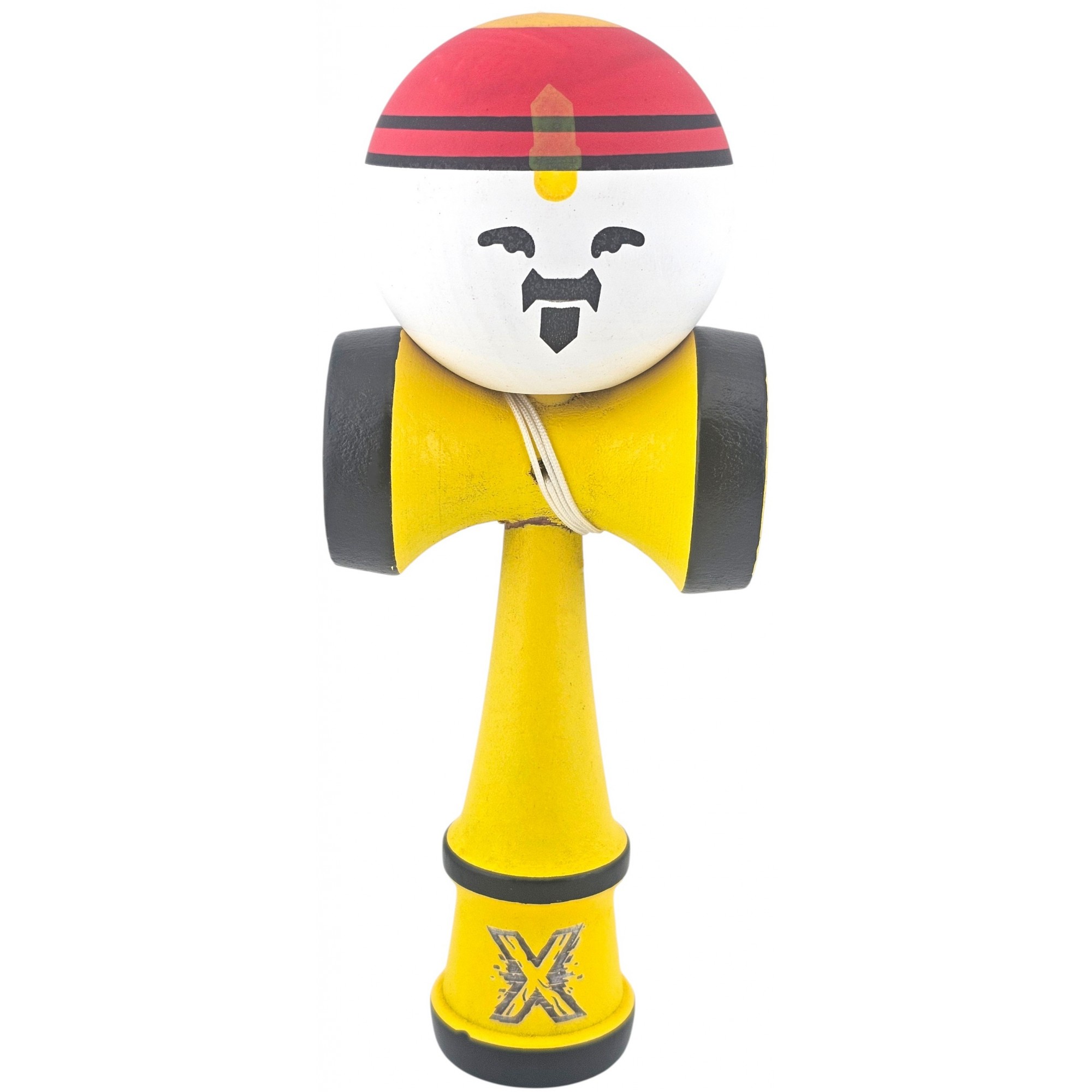 Kendama X Originala, Profesionala, Model Rege, Flippy, din Lemn, 18 cm, Model Bicolor cu Maner Galben, Rosu Alb