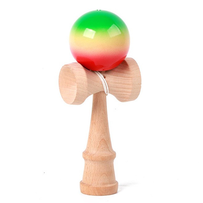 Jucarie Interactiva Kendama Profesionala, Flippy, din Lemn, 18 cm, Joc de Indemanare pentru Copii si Adulti, Model 3 Gradient Verde Galben Rosu