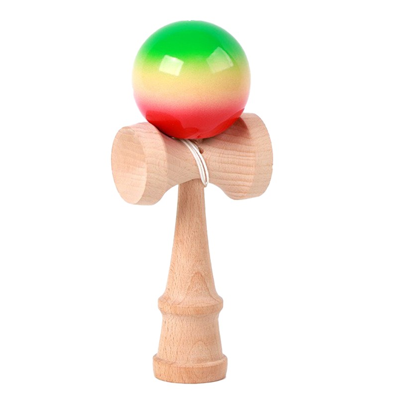 Jucarie Interactiva Kendama Profesionala, Flippy, din Lemn, 18 cm, Joc de Indemanare pentru Copii si Adulti, Model 3 Gradient Verde Galben Rosu