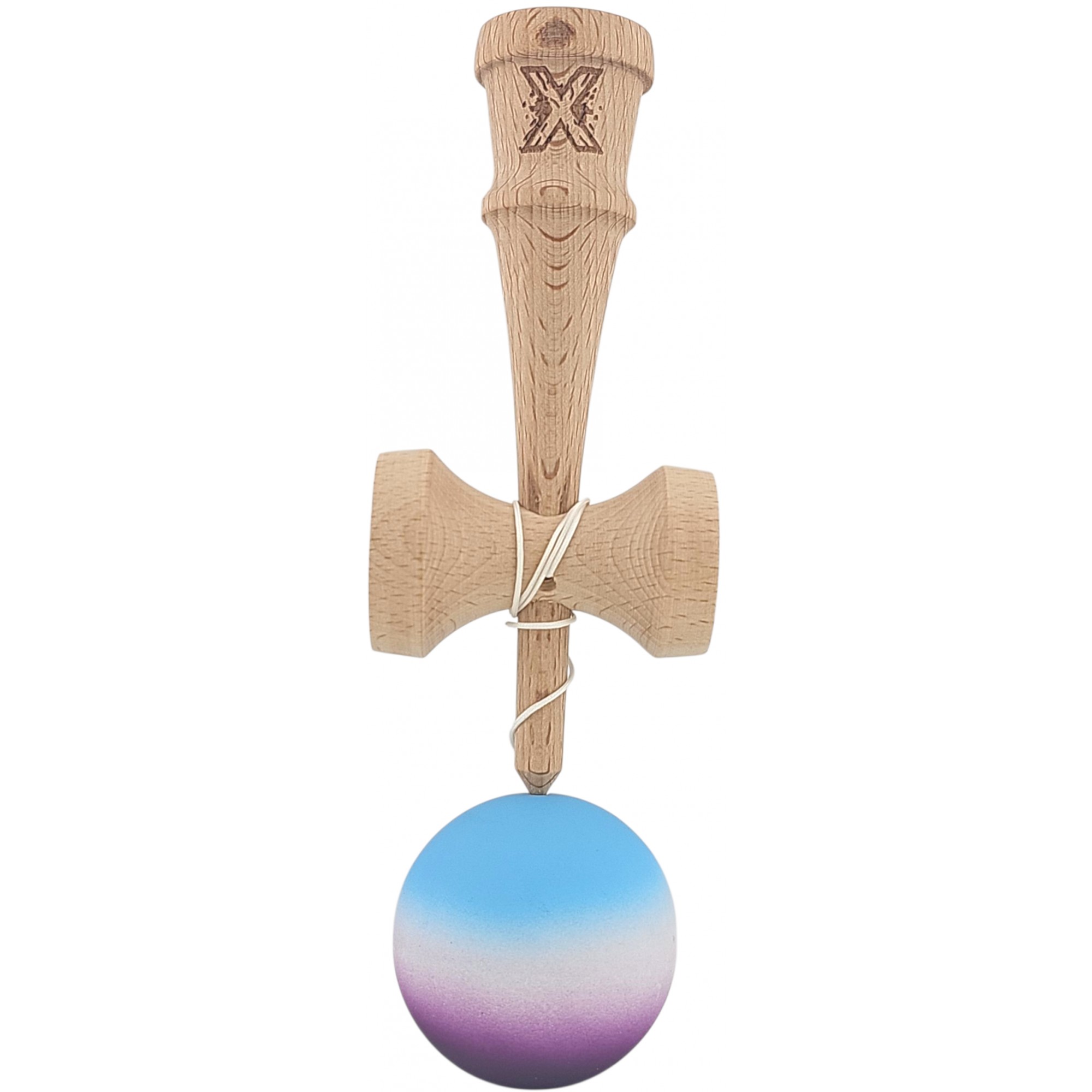 Kendama X Originala, Profesionala, Flippy, din Lemn, Rubber Grip, 18 cm, Albastru/Alb/Violet 