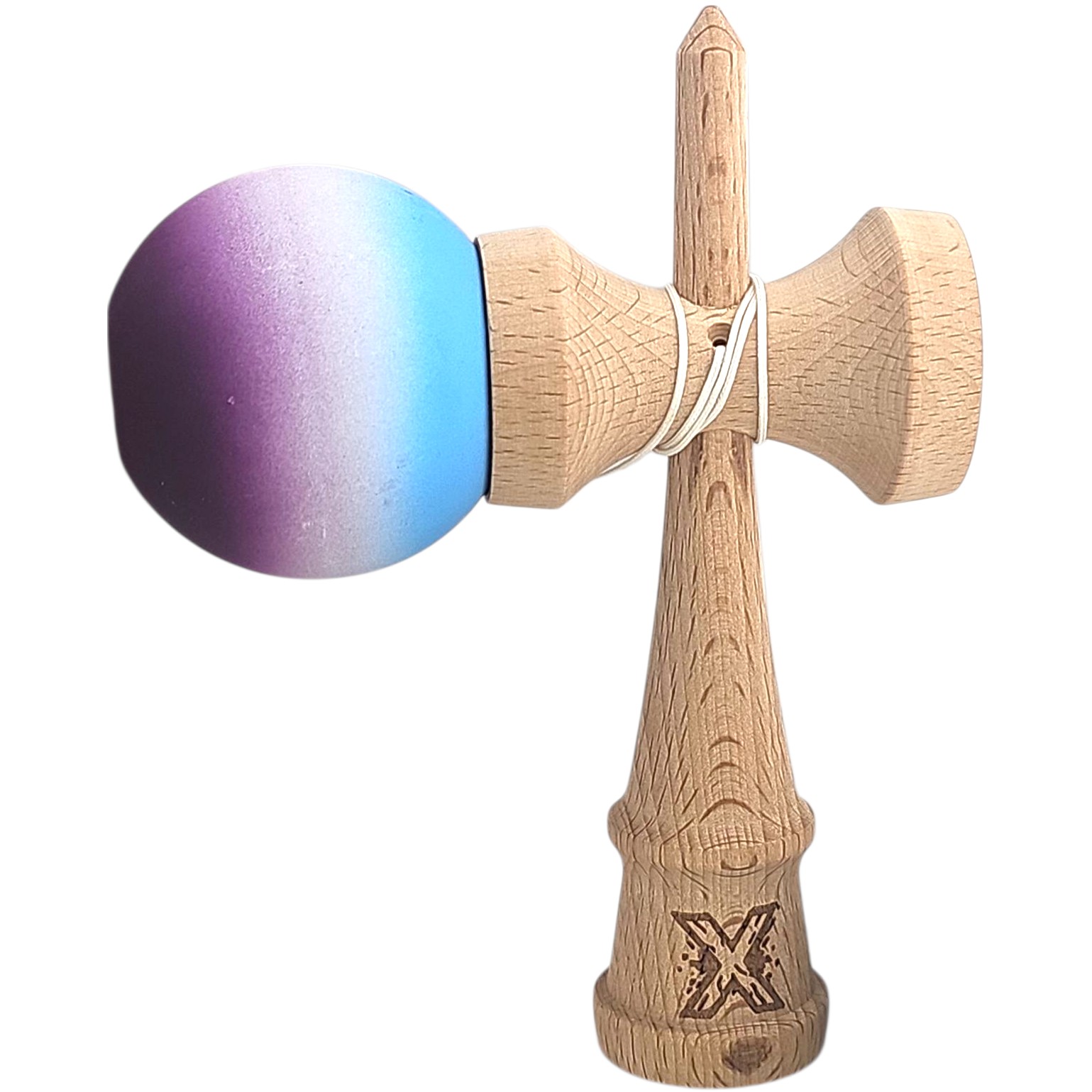 Kendama X Originala, Profesionala, Flippy, din Lemn, Rubber Grip, 18 cm, Albastru/Alb/Violet 
