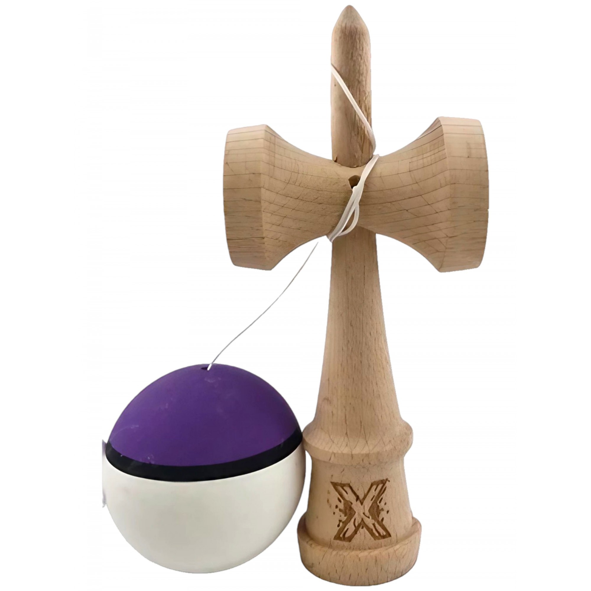 Kendama X Originala, Profesionala, Flippy, din Lemn, 18 cm, Multicolor Mov/Negru/Alb