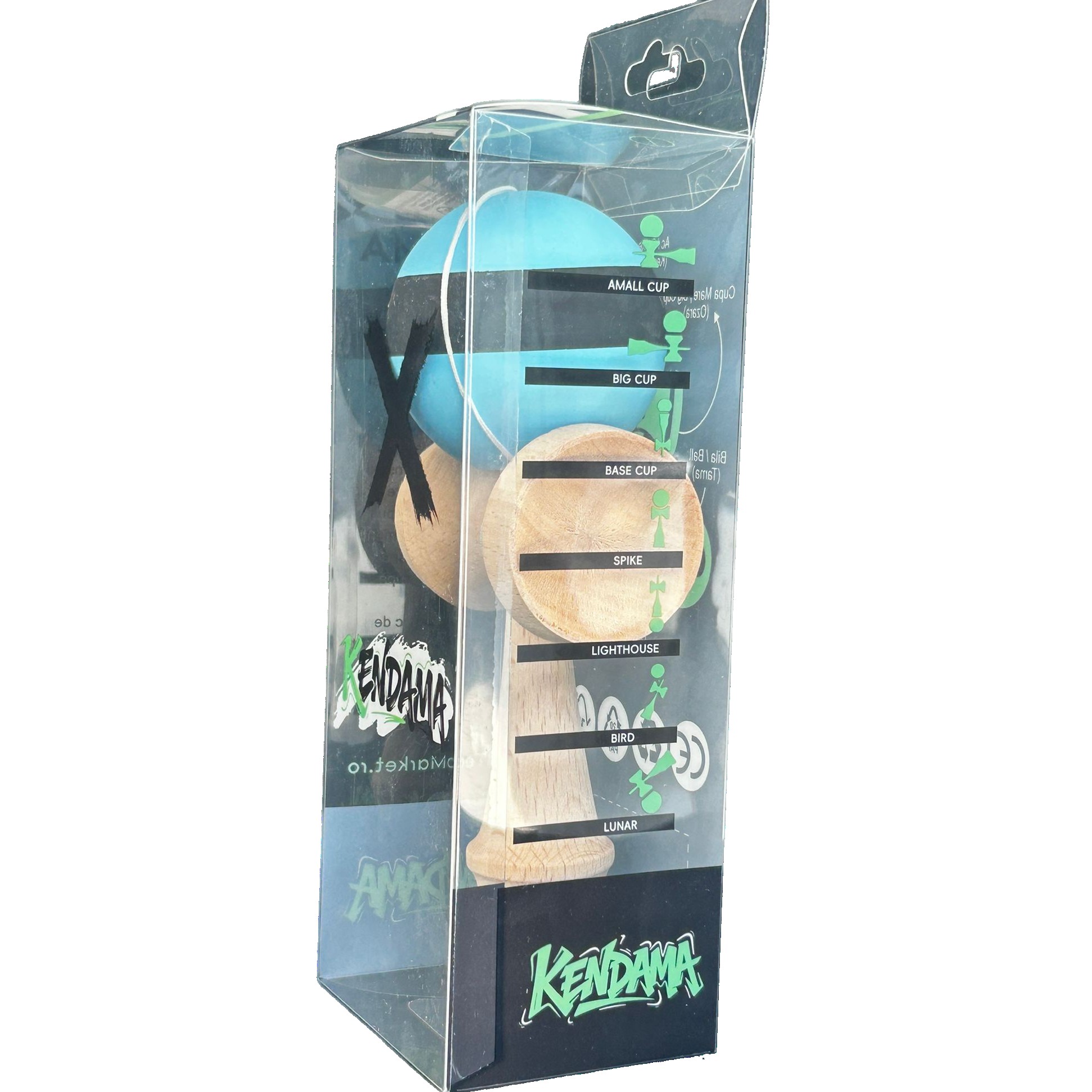 Jucarie Originala Kendama X, Profesionala, Flippy, din Lemn, 18 cm, Dungi Albastru/Negru