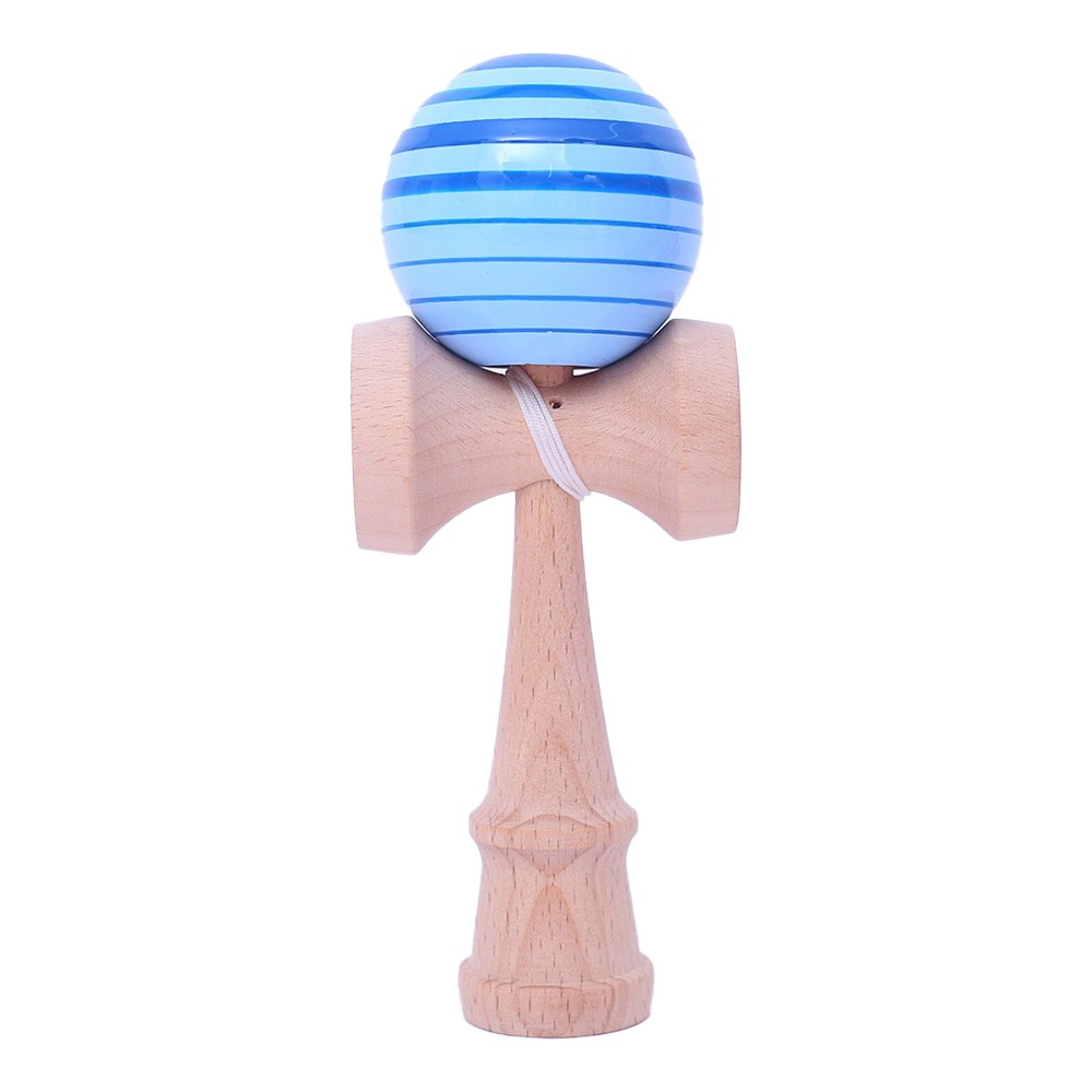 Jucarie Interactiva Kendama Profesionala, Flippy, din Lemn, 18 cm, Joc de Indemanare pentru Copii si Adulti, Model 7 Dungi Albastru Albastru deschis