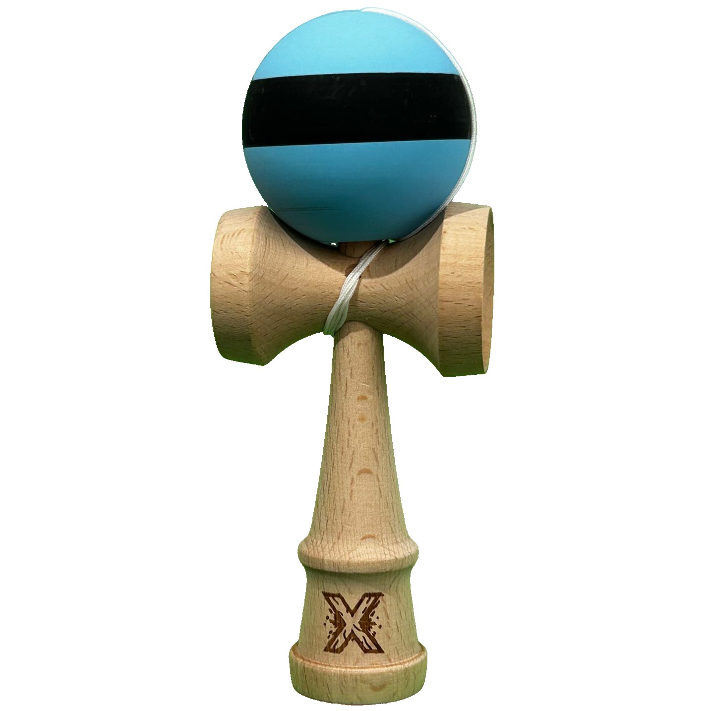 Jucarie Originala Kendama X, Profesionala, Flippy, din Lemn, 18 cm, Dungi Albastru/Negru