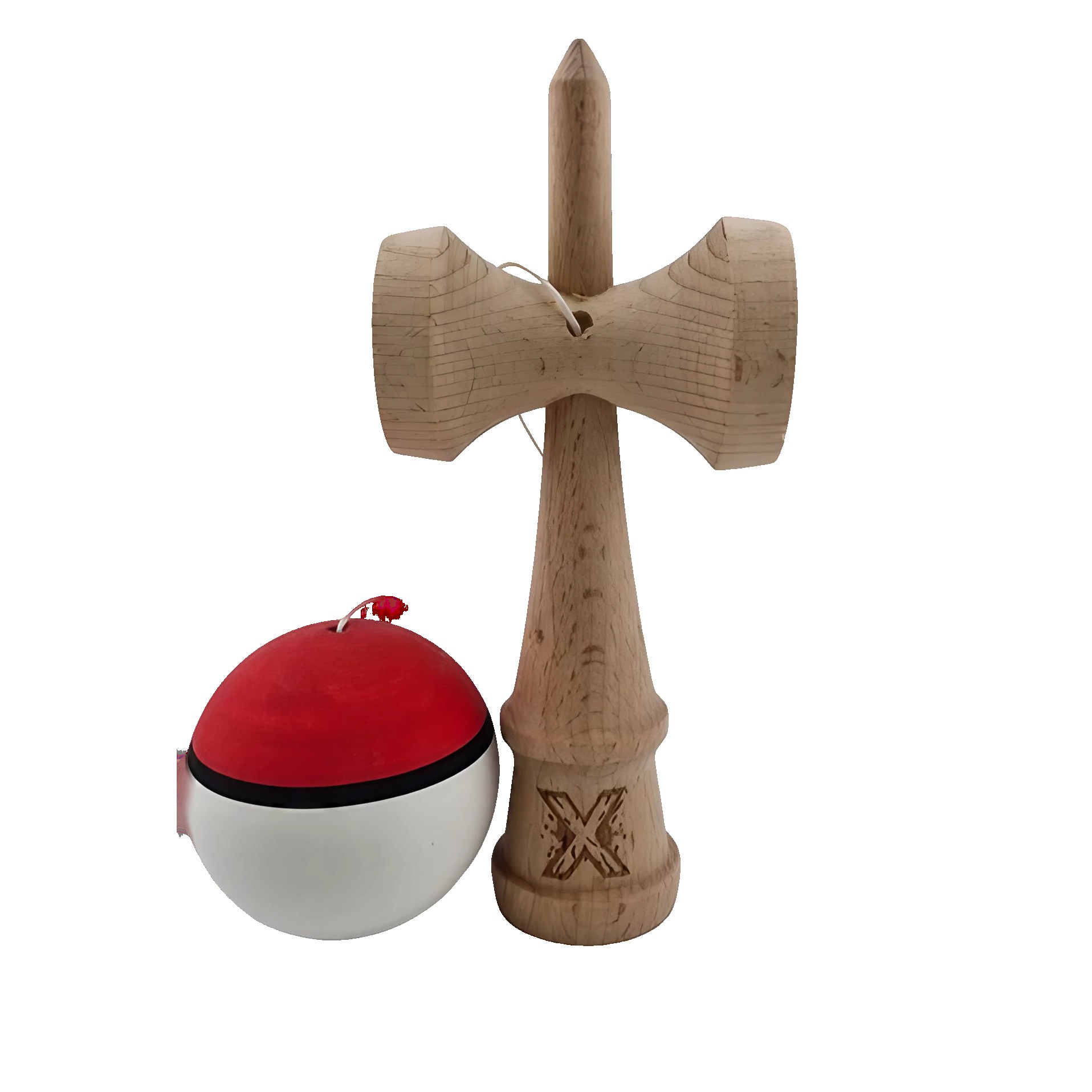 Jucarie Kendama X Originala, Profesionala, Flippy, din Lemn, Rubber Grip, 18 cm, Rosu/Alb Jucarie Kendama X Originala, Profesionala, Flippy, din Lemn, Rubber Grip, 18 cm, Rosu/Alb
