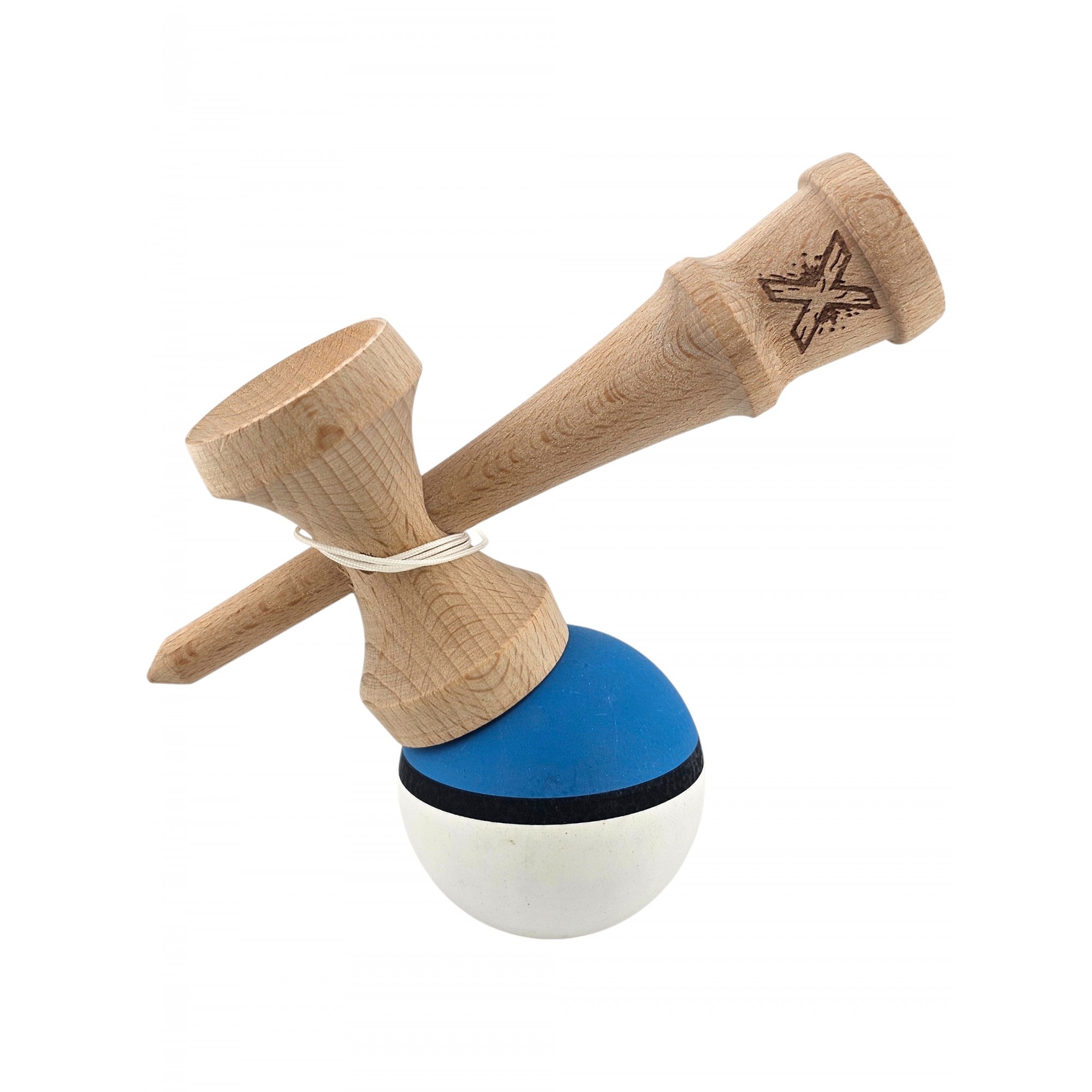 Kendama X Originala, Profesionala, Flippy, din Lemn, 18 cm, Rubber Grip, Albastru/Alb