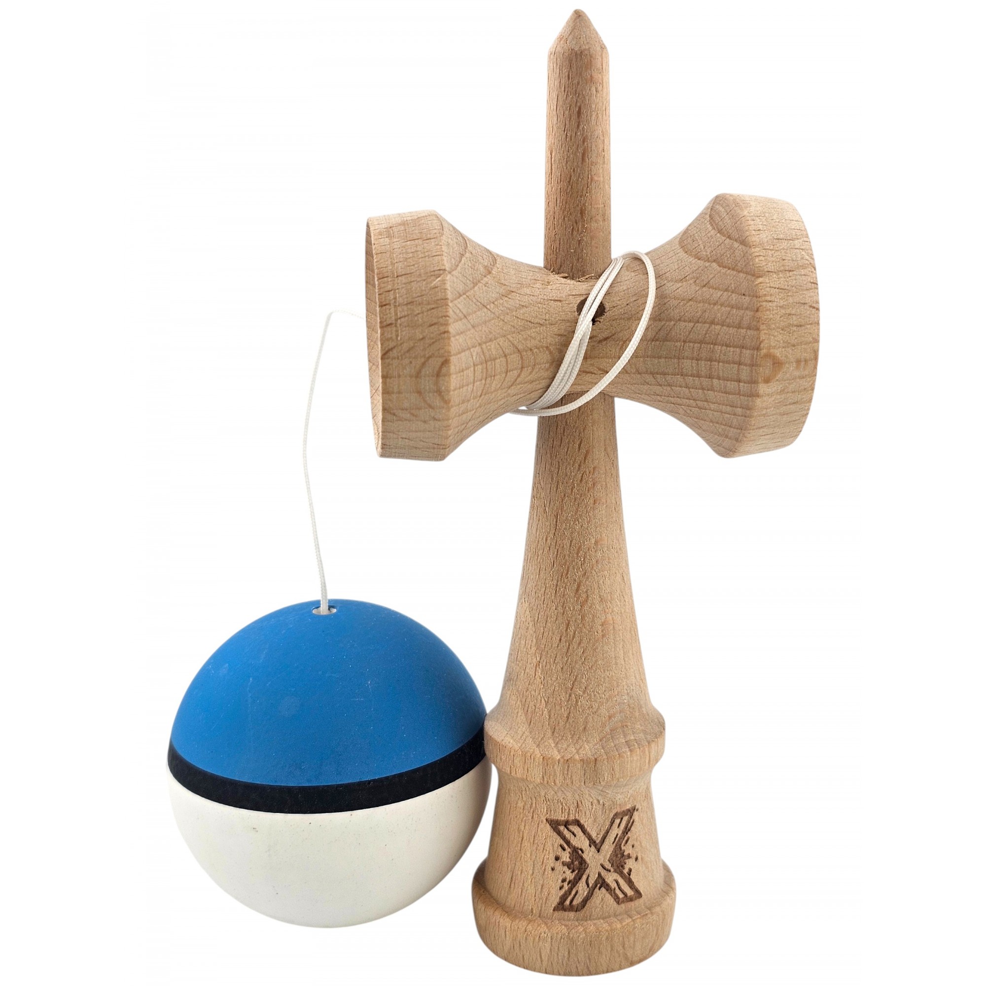 Kendama X Originala, Profesionala, Flippy, din Lemn, 18 cm, Rubber Grip, Albastru/Alb