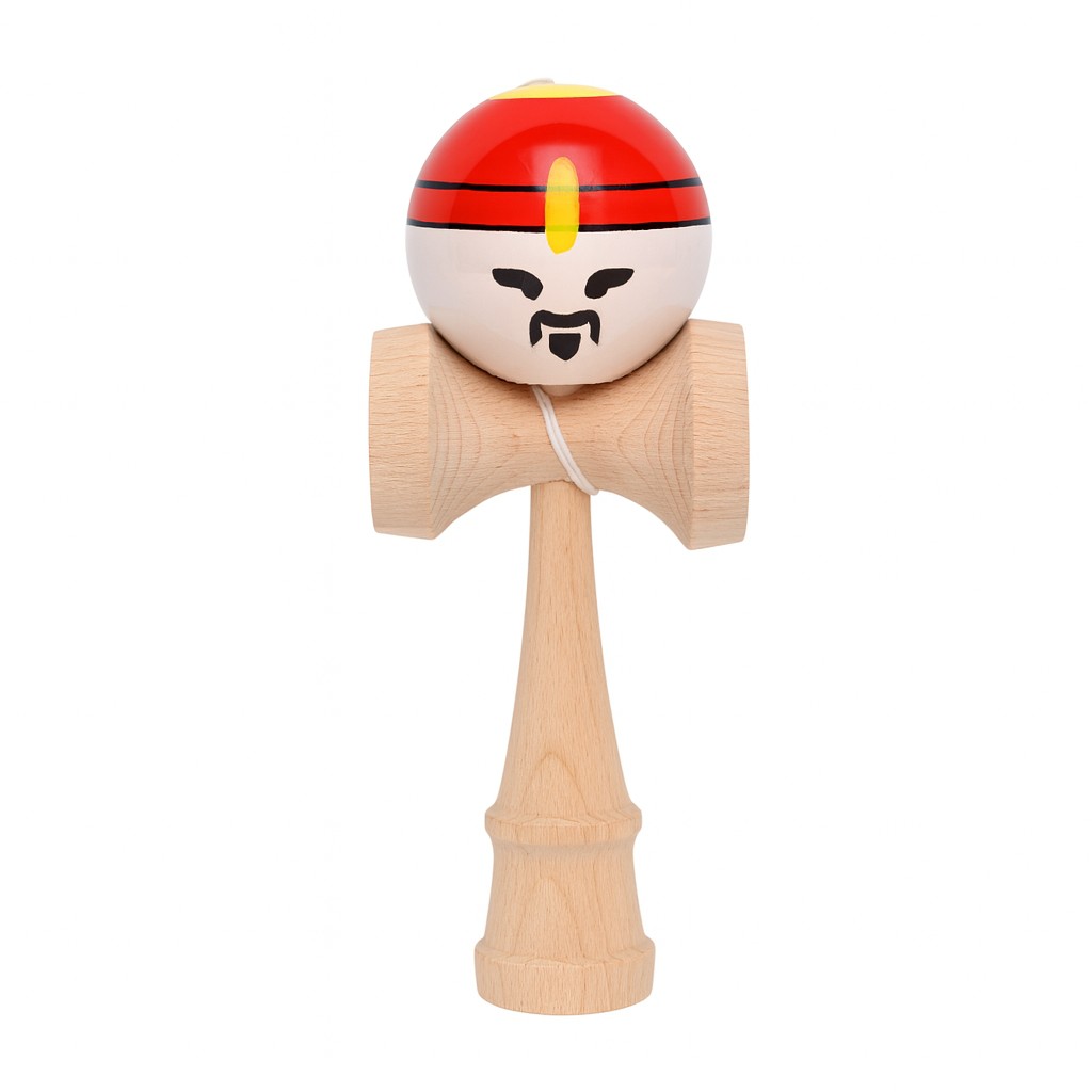 Jucarie Interactiva Kendama Rege, Flippy, din Lemn, 18 cm, Joc de Indemanare pentru Copii si Adulti, Model Bicolor cu Maner Maro, Rosu Alb