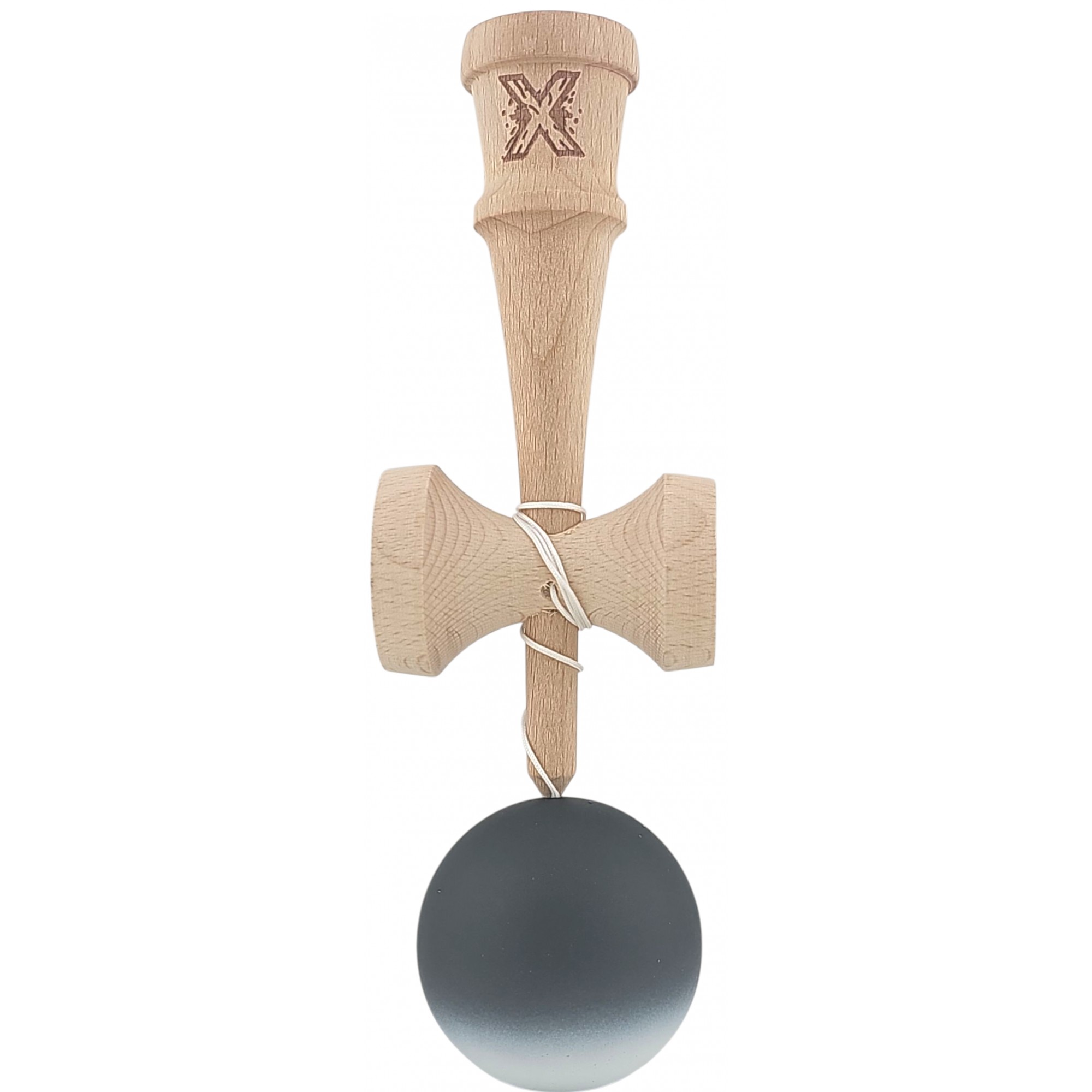 Kendama X Originala, Profesionala, Flippy, din Lemn, Rubber Grip, 18 cm, Negru/Alb