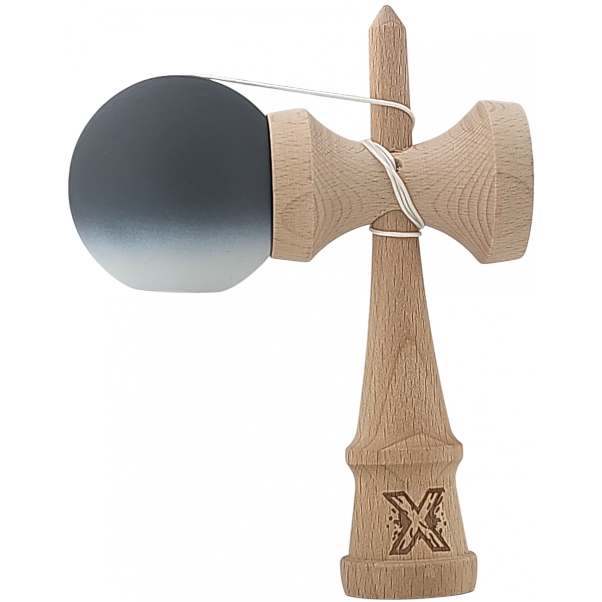 Kendama X Originala, Profesionala, Flippy, din Lemn, Rubber Grip, 18 cm, Negru/Alb