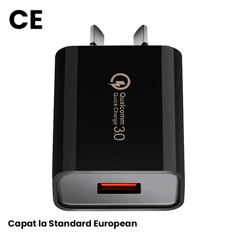 Incarcator Retea Fast Charge 5V3A, Flippy, Capat STANDARD EUROPEAN QC 3.0, 18W, Fara Cablu, Negru