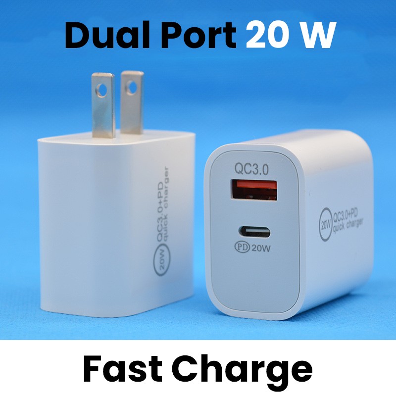 Incarcator Fast Charging QC 3.0, Flippy, Dual Port USB-A si USB-C cu Cap de Incarcare Standard European, 20 W, fara Cablu, Alb