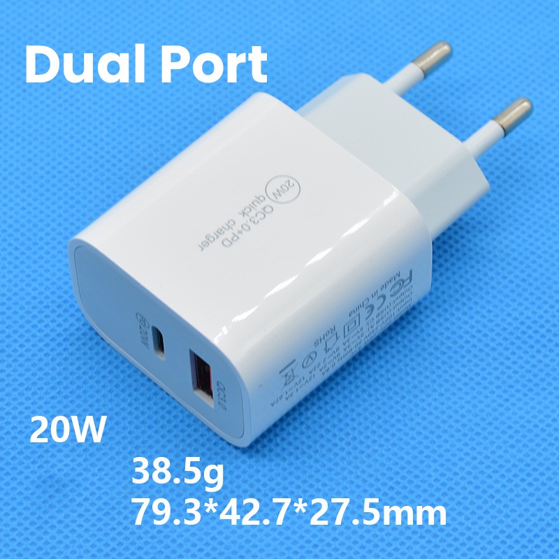 Incarcator Fast Charging QC 3.0, Flippy, Dual Port USB-A si USB-C cu Cap de Incarcare Standard European, 20 W, fara Cablu, Alb