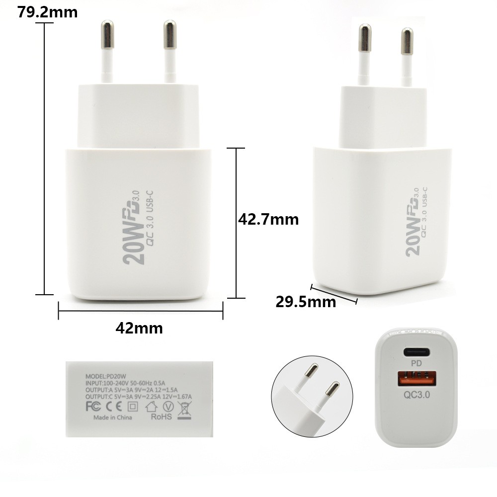 Incarcator Fast Charging pentru Telefon, Flippy, Dual Port USB-A si USB-C cu Cap de Incarcare Standard European, Power Delivery 20W Q.C 3.0, Alb