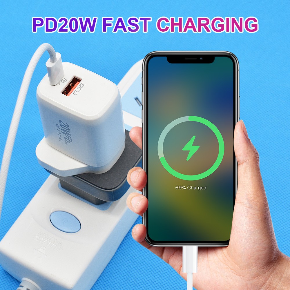 Incarcator Fast Charging pentru Telefon, Flippy, Dual Port USB-A si USB-C cu Cap de Incarcare Standard European, Power Delivery 20W Q.C 3.0, Alb