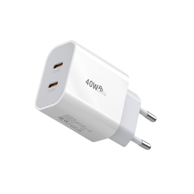 Incarcator Fast Charge pentru Telefon, Flippy, Power Delivery 40W, Dual Port Type-C la PD20W, Compatibil cu orice Telefon, Alb