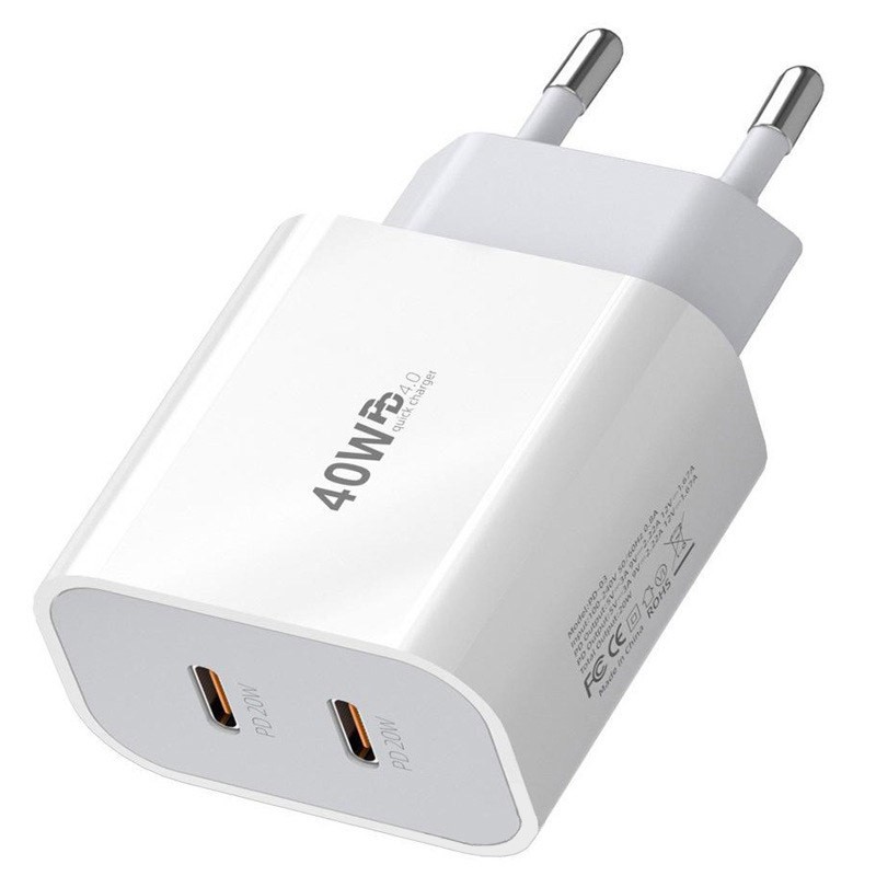 Incarcator Fast Charge pentru Telefon, Flippy, Power Delivery 40W, Dual Port Type-C la PD20W, Compatibil cu orice Telefon, Alb