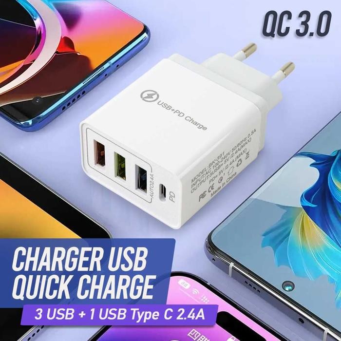 Incarcator Fast Charge pentru Telefon 32W, Flippy, Incarcator Quick Charge cu 3 Porturi USB-A 3.1A & 1 USB-C, Power Delivery 32W, Cap Standard European, Alb