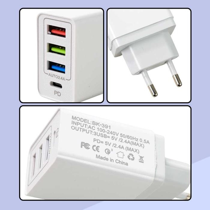 Incarcator Fast Charge pentru Telefon 32W, Flippy, Incarcator Quick Charge cu 3 Porturi USB-A 3.1A & 1 USB-C, Power Delivery 32W, Cap Standard European, Alb