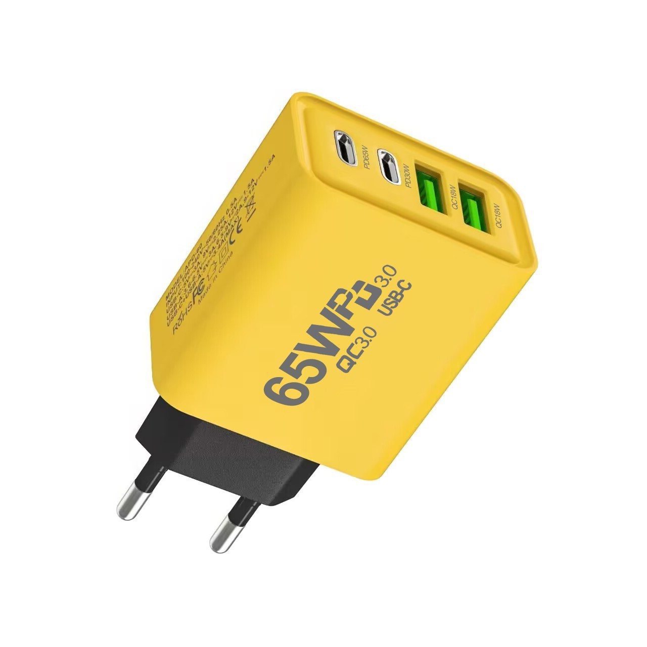 Incarcator Fast Charge pentru Telefon 65W, Flippy, Incarcator Quick Charge cu 2 Porturi USB-A 3.1A & 2 Porturi USB-C, Power Delivery 65W, Cap Standard European, Galben
