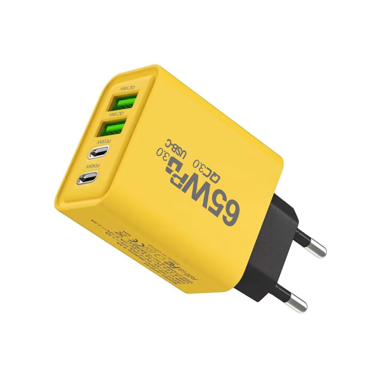 Incarcator Fast Charge pentru Telefon 65W, Flippy, Incarcator Quick Charge cu 2 Porturi USB-A 3.1A & 2 Porturi USB-C, Power Delivery 65W, Cap Standard European, Galben