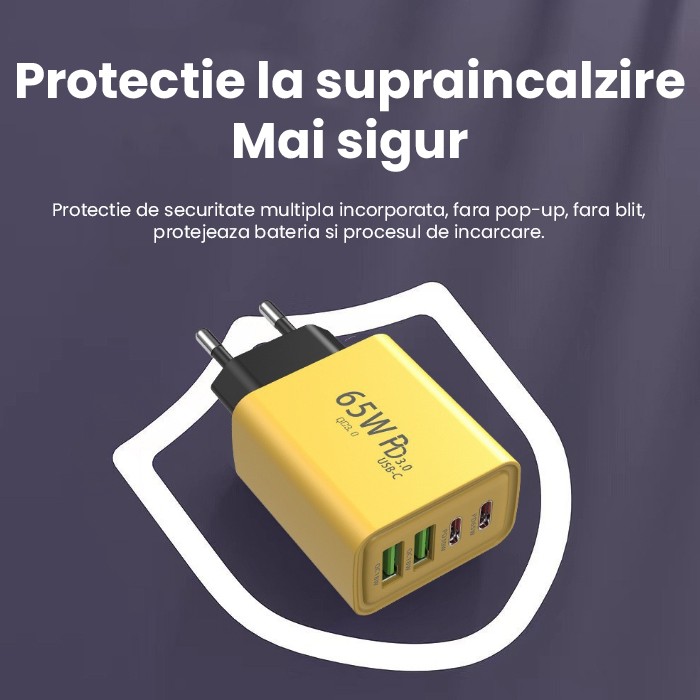 Incarcator Fast Charge pentru Telefon 65W, Flippy, Incarcator Quick Charge cu 2 Porturi USB-A 3.1A & 2 Porturi USB-C, Power Delivery 65W, Cap Standard European, Galben