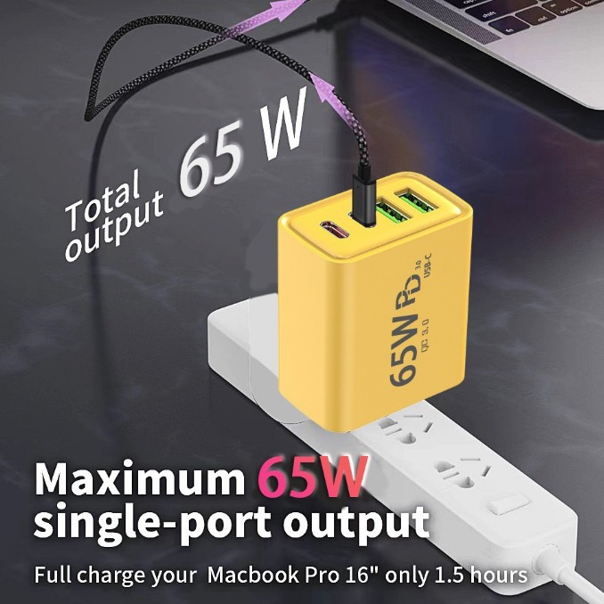 Incarcator Fast Charge pentru Telefon 65W, Flippy, Incarcator Quick Charge cu 2 Porturi USB-A 3.1A & 2 Porturi USB-C, Power Delivery 65W, Cap Standard European, Galben