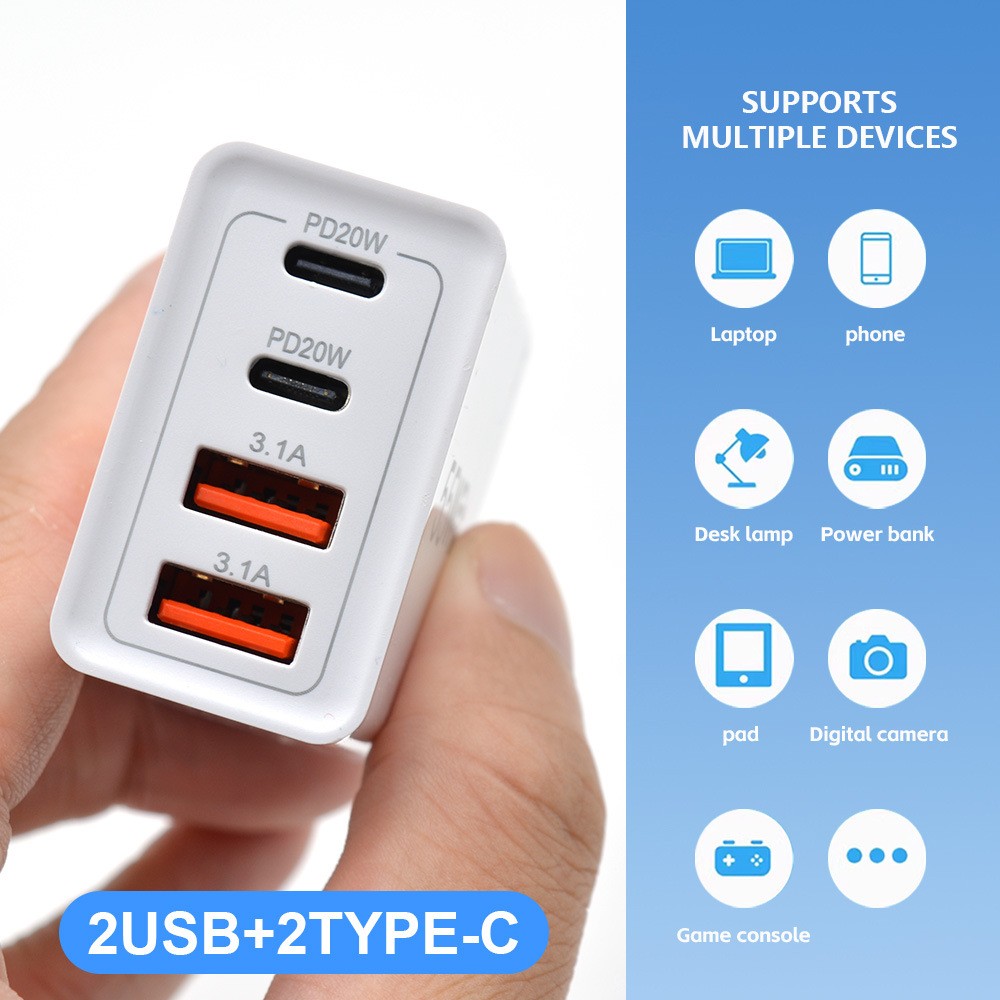 Incarcator Fast Charge pentru Telefon 55W, Flippy, Incarcator Quick Charge cu 2 Porturi USB-A 3.1A & 2 Porturi USB-C, Power Delivery 55W, Cap Standard European, Alb
