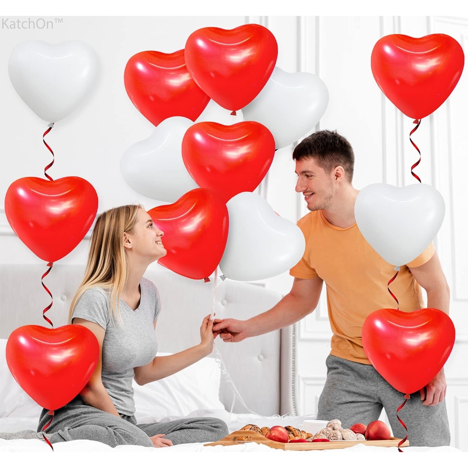 Set 10 Baloane, Flippy, Model Inima, din Latex, 25 cm, Alb/Rosu