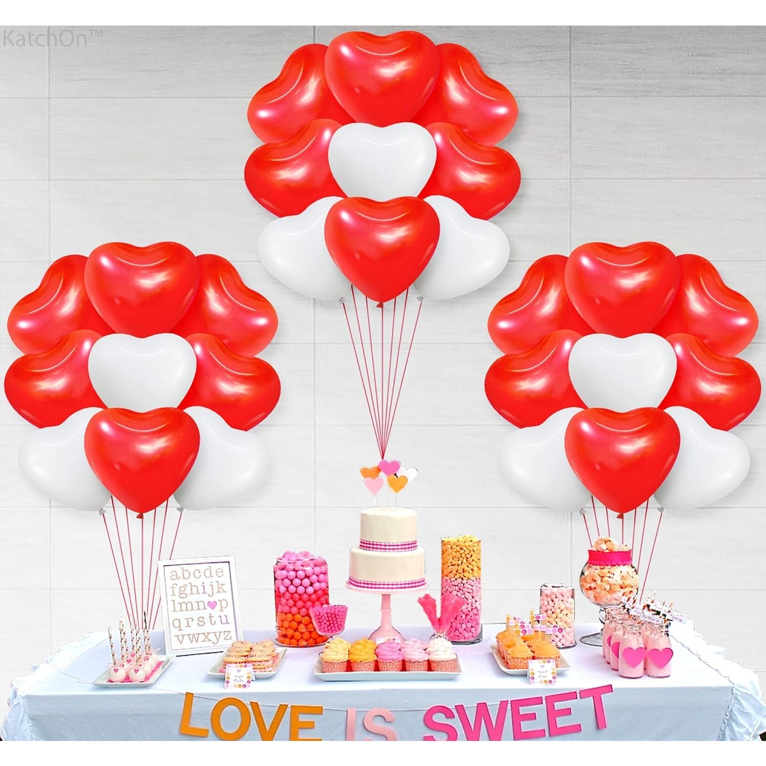 Set 10 Baloane, Flippy, Model Inima, din Latex, 25 cm, Alb/Rosu